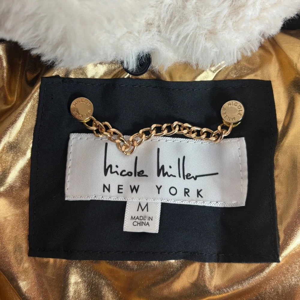 Nicole Miller New York Womens Black Gold Puffer‎ Jacket Metallic Hooded Size M